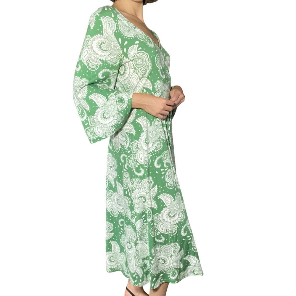 BODEN Quiet Luxury Green Paisley Trumpet Sleeve Tie Waist Midi Dress Soft Girl - Picture 5 of 14